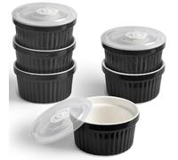 homEdge Set di 6 pirottini in porcellana con coperchio, 240 ml, ciotola per gelato, crème brûlée, soufflé, per cottura al forno, colore: nero