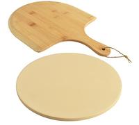 homEdge Set di pietre per pizza, in cordierite rotonda, resistente, per pane, pizza, resistente agli shock termici, con pala in bambù, 25 cm (diametro)