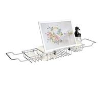 HOMEE Vassoio per vasca da bagno, in acciaio inox, con porta libri rimovibile, vassoio estensibile in stile europeo per doccia, bagno, telefono, iPad, libri, candelabro, mensola da tavolo, argento