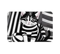 HOMEFC Zerbino a righe bianche e nere con gattino, per interni ed esterni, tappetino per ingresso patio, 40,6 x 61 cm, antiscivolo, facile da pulire