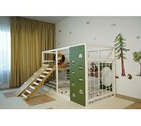 HOMEforDREAMS Lettino Ginnastica per bambini a partire dai 4 anni: letto 2 in 1 ispirato Montessori dipinto verde e bianco (roccia + gradini, 190 x 135 cm)