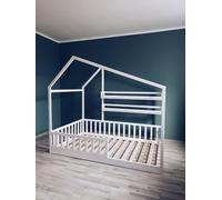HOMEforDREAMS Montessori - Letto da pavimento bianco con tetto e ripiani, struttura in legno a forma di casa con ringhiera di sicurezza (200 x 100 cm)