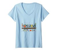 Homegrown Veggie Garden Delight Print per Gli Amanti del Cibo Maglietta con Collo a V, Donna, Celeste, XL