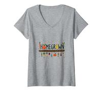 Homegrown Veggie Garden Delight Print per Gli Amanti del Cibo Maglietta con Collo a V, Donna, Grigio Melange, XL