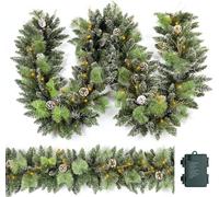HomeKaren Ghirlanda natalizia preilluminata da 2,8 m con 50 luci a LED, pigna e neve, decorazione natalizia a batteria, per scale a mantello, interni ed esterni