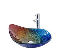 HomeLava Lavabo da Appoggio in Vetro Temperato, 550 x 380 x 170mm, Forma Irregolare Lavabo Bagno in Vetro Tempera, con Rubinetto (Multicolore)