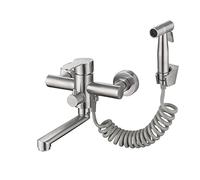 HomeLava Rubinetto Cucina a Muro, Rubinetto da Muro con Doccetta, Miscelatore Caldo e Freddo Acciaio Inox Spazzolato, Tubo Rotante 18cm