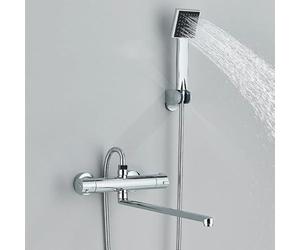 HomeLava Rubinetto termostato per vasca da bagno con doccetta, miscelatore termostato con pulsante di sicurezza a 38 °C, set per doccia e vasca da bagno, cromato