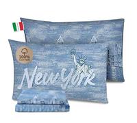 HomeLife Completo Lenzuola Matrimoniali Cotone Fantasia Made in Italy | Set Lenzuola Matrimoniale Cotone: Lenzuolo Matrimoniale Sopra, Lenzuolo Sotto Con Angoli, Due Federe Cuscini | New York Blu