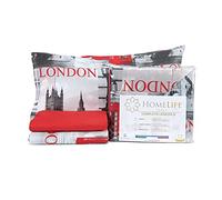 HomeLife Set Lenzuola Completo Letto 1 Piazza e Mezza 100% Cotone | Lenzuolo Sopra 180x290CM + Lenzuolo Sotto con Angoli 130x200 + Federa con Patella 50x80 | Immagini di Londra Colore Grigio+Rosso