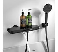 HOMELODY Miscelatore per vasca da bagno nero con doccetta, bocca di erogazione girevole a 360°, rubinetto per vasca con doccia, mensola in vetro, tubo PVC da 1,5 m, miscelatore da parete