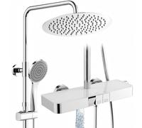 HOMELODY Rubinetto doccia con termostato e ripiano in vetro - 3 tasti per pianoforte sistema doccia con soffione e doccetta - set doccia regolabile in altezza con rubinetto, blocco di sicurezza a 40 °