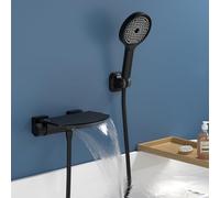HOMELODY Rubinetto per vasca da bagno, nero, con doccetta, a cascata, in ottone, per vasca da bagno, montaggio a parete con grande piattaforma