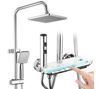 HOMELODY Set completo con ripiano in vetro - Doccia a pioggia con rubinetto e 30 cm, rubinetto doccia con pulsante per pianoforte, 4 tipi di getto e doccetta a 3 funzioni, set doccia con doccia a