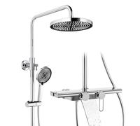 HOMELODY Sistema doccia con rubinetto e ripiano in vetro cromato, set completo con 5 tipi di getto, doccetta a mano, doccia a pioggia e scarico inferiore, set doccia per bagno domestico
