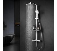 HOMELODY Sistema doccia con termostato e mensola doccia, cromato, set completo con doccetta e doccetta, regolabile in altezza, blocco di sicurezza a 38 °C, montaggio a parete per bagno moderno