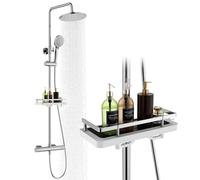 HOMELODY Sistema doccia con termostato e ripiano doccia cromato - Set completo con soffione doccia a pioggia, 3 tipi di getti in ABS, blocco di sicurezza a 38 °C, doccia a pioggia con rubinetto