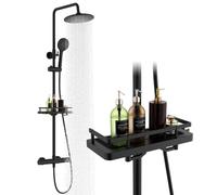 HOMELODY Sistema doccia con termostato e ripiano doccia, set completo nero con soffione doccia rotondo a pioggia, 3 tipi di getto, doccetta in ABS, blocco di sicurezza a 38 °C, rubinetto doccia nero