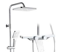 HOMELODY Sistema doccia con termostato e ripiano in vetro cromato - Rubinetto doccia completo da 30 cm, doccetta 3 tipi di getto e beccuccio inferiore - Set doccia a pioggia con rubinetto