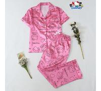 [Homely Gents] 2 pezzi Set pigiama con camicia a maniche corte con colletto in raso e pantaloni con fiocco, colore rosa, adatto per l'abbigliamento domestico, primavera/estate L,M,S,XLAnimale,Geometri