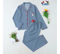 [Homely Gents] 2 pezzi Set pigiama donna primavera/estate con camicia a maniche lunghe con colletto e tasche a quadri blu e bianchi e pantaloni lunghi con fiocco, adatto per abbigliamento da relax, ab