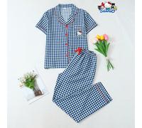 [Homely Gents] Set da 2 pezzi di pigiama e abbigliamento da casa per donna, composto da top a maniche corte con colletto polo a righe e taschino, e pantaloni lunghi con fiocco, adatto per la primavera