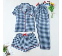 [Homely Gents] Set da 3 pezzi di top a maniche corte con colletto polo e taschino, e pantaloncini/pantaloni con fiocco, a quadri blu e bianchi, adatto per abbigliamento da casa, per primavera/estate,