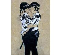 HOMEMANIA Quadro Ispirazioni D'Autore Bansky Poliziotte Bacio - Decorazione per Pareti, Muro - per Soggiorno, Camera - Stampa, Digitale, Disegno, Graffiti - Multicolore in Legno, Cotone, 50 x 70 x 3