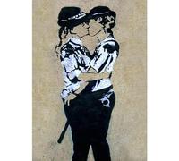 HOMEMANIA Quadro Ispirazioni D'Autore Bansky Poliziotte Bacio - Decorazione per Pareti, Muro - per Soggiorno, Camera - Stampa, Digitale, Disegno, Graffiti - Multicolore in Legno, Cotone, 70 x 100 x 3