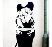 HOMEMANIA Quadro Ispirazioni D'Autore Bansky Poliziotti Bacio - Decorazione per Pareti, Muro - per Soggiorno, Camera - Stampa, Digitale, Disegno, Graffiti - Multicolore in Legno, Cotone, 60 x 60 x 3
