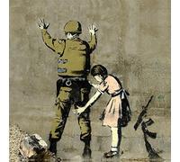 HOMEMANIA Quadro Ispirazioni D'Autore Bansky Poliziotto e Bambina - Decorazione per Pareti, Muro - per Soggiorno, Camera - Stampa, Digitale, Disegno, Graffiti - Multicolore in Legno, Cotone, 60 x 60 x 3