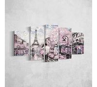 HOMEMANIA Quadro Tour Eiffel - 5 Pezzi - Città E Paesaggi - per Soggiorno, Camera - Multicolore in Poliestere, Legno, 100 x 3 x 60 cm
