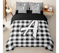 Homemissing A Quadri Set Copripiumino 7 pezzi 260x220cm Lettera | Monogramma Nero A con piumino,lenzuola,federe,fodere per cuscini Per Ragazzi Ragazze Alfabeto Numero Microfibra