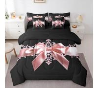 Homemissing Arco rosa Piumino Letto con lenzuola 7 pezzi 230x220cm(7-Piece Set) romantico stile coquette con Piumino elegante nastro rosa Letto Trapuntato Vintage barocco camera traspirante