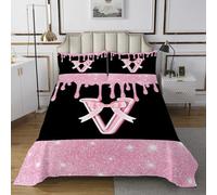 Homemissing Arco rosa Trapuntato iniziali Copriletto Trapuntato lettera personalizzata V Copriletto 260x240cm 3 pezzi monogrammato glitter diamante traspirante morbido leggero