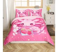 Homemissing Axolotl Set Copripiumino 200x200cm Cartoon Cute Axolotl Copripiumone Morbido per Bambini Ragazzi Ragazze Decorazione Kawaii Oceano Sigillatura Axolotl Rosa Copripiumini Nessun conforto