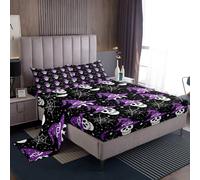 Homemissing Bambini zucchero cranio Set Lenzuola 150x200cm strega stampa Lenzuolo per ragazzi ragazze camera da letto spide web nero viola traspirante morbido 4 pezzi
