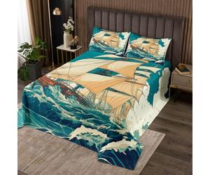 Homemissing Barca a vela Ship Trapuntato Per bambini Ragazzi Ragazze Nave a vela Copriletto 170x230cm Barca Pirate Yacht Avventura Copriletto Trapuntato 2 pezzi