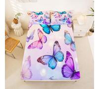 Homemissing Bellissima farfalla Lenzuolo con angoli 3 Pezzi 135x200cm | Violetta & Blu per materassi alti 40cm principessa con 2 Federe 51x75cm Lavabile a 30° Morbido Accogliente Leggero