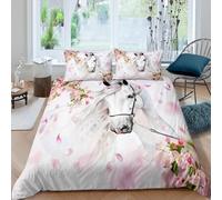 Homemissing Bianco Cavallo Copripiumini Ragazze Chic Rosa Floral Fiore Set Copripiumino 135x200cm Acquerello Animale selvatico Design Copripiumone per Bambini Fauna selvatica Copripiumino