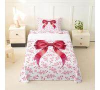 Homemissing Bow Set Lenzuola 135x200cm Rosa Bowknot Floral Lenzuolo per Bambini Ragazze Fiore di ciliegio Tasca profonda Foglio montato Fiore di Sakura Microfibra leggera morbida traspirante