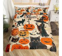 Homemissing Buon Halloween Copripiumone Morbido Lanterna di zucca di Halloween Set Copripiumino 200x200cm Bambini Ragazzi Ragazze Orrore Nero Gatto Witch Copripiumini Cartoon fantasma Copripiumino