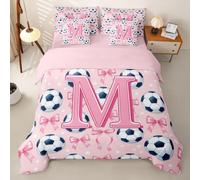 Homemissing Calcio Fiocco Set Copripiumino 7 pezzi 135x200cm Lettera M | Per Morbido Monogramma con piumino,lenzuola,federe,fodere per cuscini Rosa Preppy Sportivo Microfibra Decorazione Da Camera