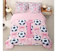 Homemissing Calcio Fiocco Set Copripiumino 7 pezzi 230x220cm Lettera I | Per Morbido Monogramma con piumino,lenzuola,federe,fodere per cuscini Rosa Preppy Sportivo Microfibra Decorazione Da Camera