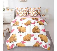 Homemissing Capybara Piumino Letto con lenzuola 7 pezzi 135x200cm(7-Piece Set) Cute Capybara Cuore con Piumino per Pet Lover Pattern Letto Trapuntato Camera Decor leggera morbida traspirante