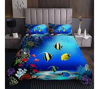 Homemissing copriletto trapuntato con motivo oceano blu, sotto l'acqua e il mondo tropicale, pesce corallo, biancheria da letto, 3 pezzi,