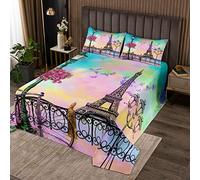 Homemissing Copriletto trapuntato con Torre Eiffel Chic Parigi Copriletto Bambini Ragazzi Ragazze Donne Romantico Parigi City Floreale Tie Dye Colorato 3 Pz Doppia Dimensione