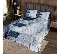 Homemissing Copriletto trapuntato geometrico Blu Argento Marmo Coverlet Set Moderno Griglia Quilt Set Ombre Cubic Trapuntato 3Pcs Matrimoniale