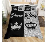 Homemissing Copripiumino con Corona Re e Regina Nero e Grigio Misura King Size per Adulti Coppia Uomini Donne, Regali per San Valentino Matrimonio, Copripiumino per Lui e Lei con 2 Federe Decorazione