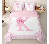 Homemissing Coquette Fiocco Bambini Set Copripiumino 7 pezzi 230x220cm K | Carino Rosa Damascato Decorazione Completo letto in borsa Lettera Iniziale Principessa Stile Decorazione